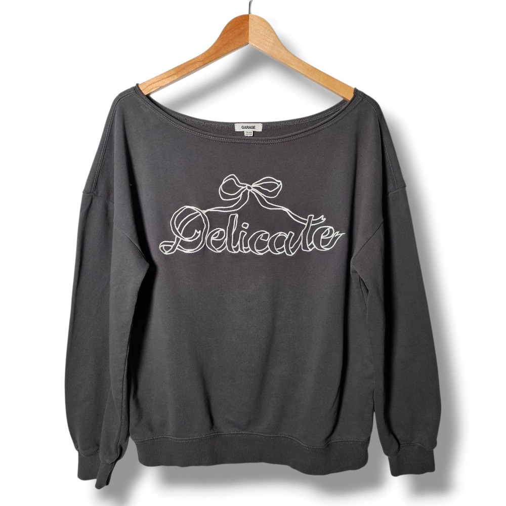 Garage Sweatshirt XS Womens Gray Delicate Bow Slouchy French Terry Pullover